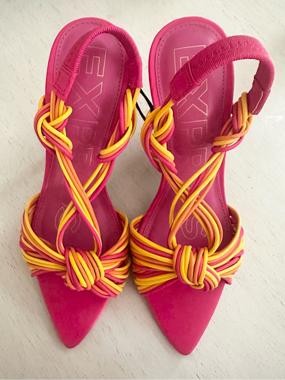 Express Pink Slingback Heels with Yellow and Orange Knot Straps